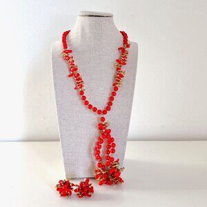 VINTAGE MIRIAM HASKELL CORAL RED BEADED NECKLACE AND EARRING SET